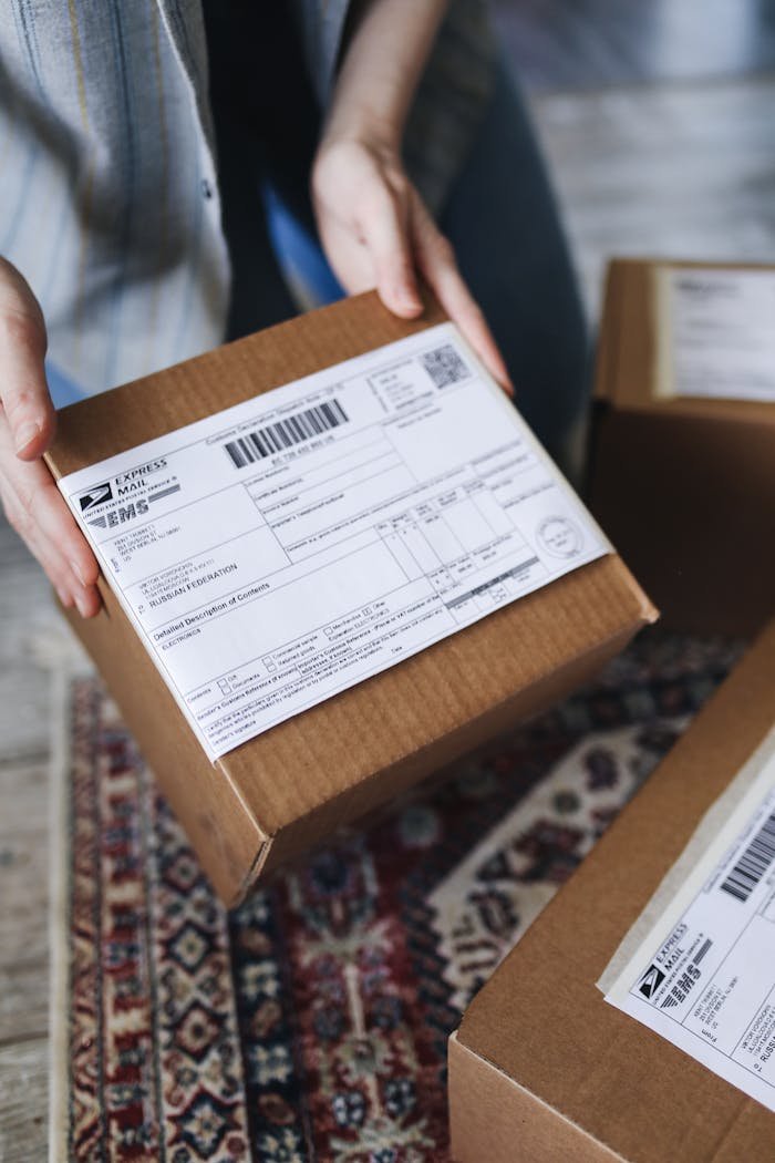 Services-01 Close-up of hands holding a package with a visible shipping label, perfect for delivery themes.